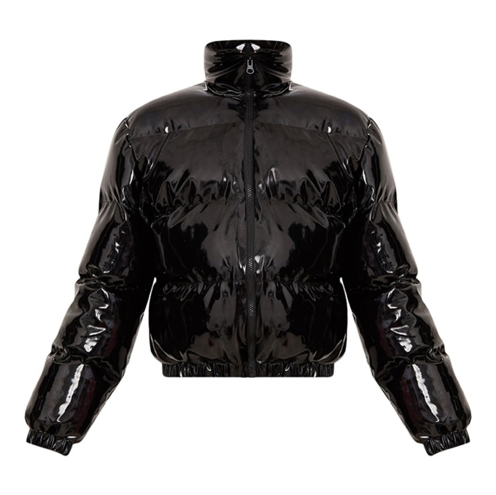 PRETTYLITTLETHING Black Cropped Vinyl Puffer Jacket - Picture 3 of 3